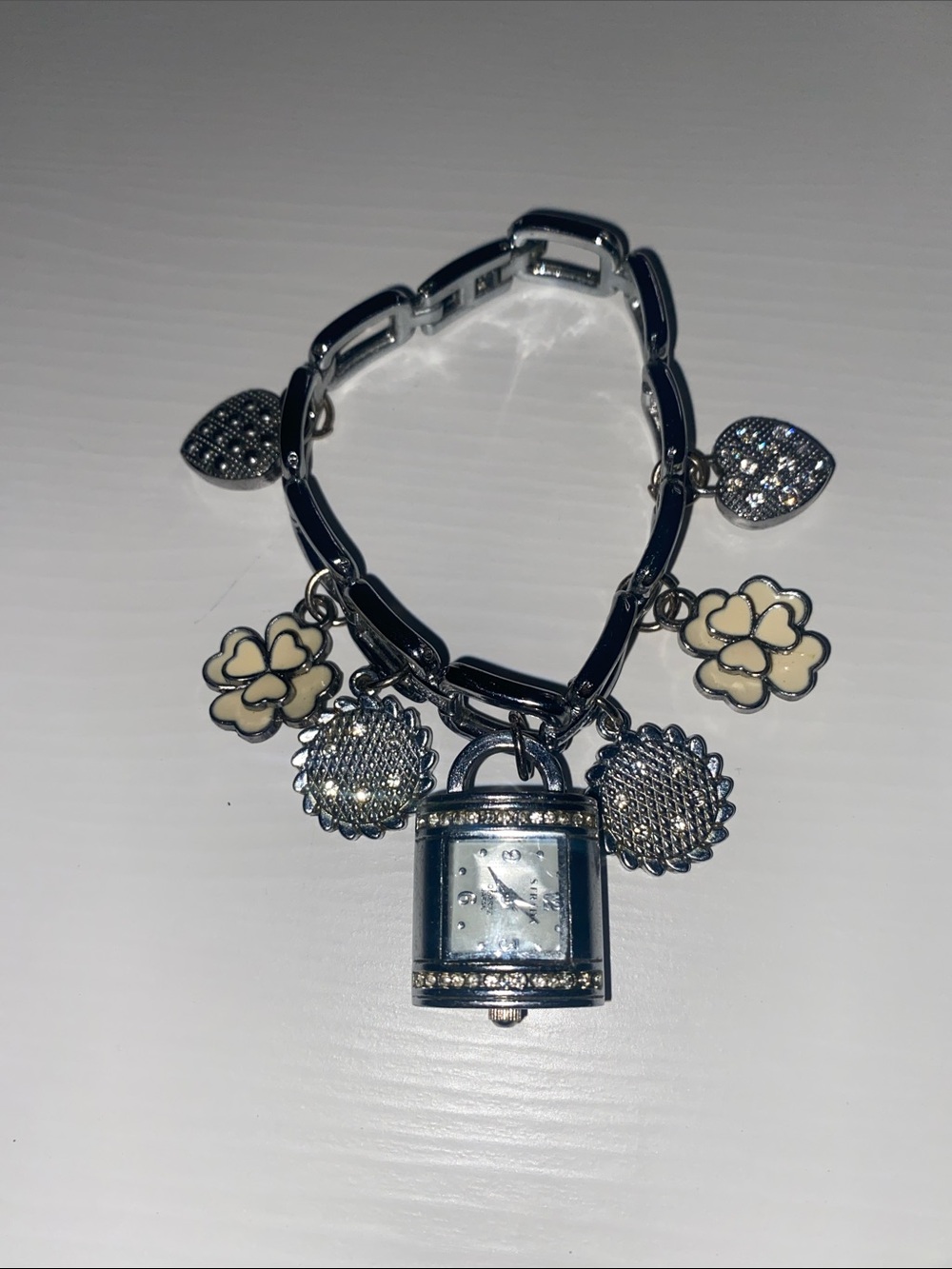 Silver-Tone Floral Charm Bracelet Watch with Cream Enamel Accents